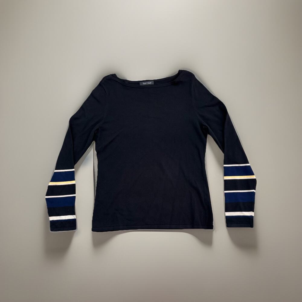 White House Black Market Womens Black Knit Sweater Striped Sleeve Top Sz L